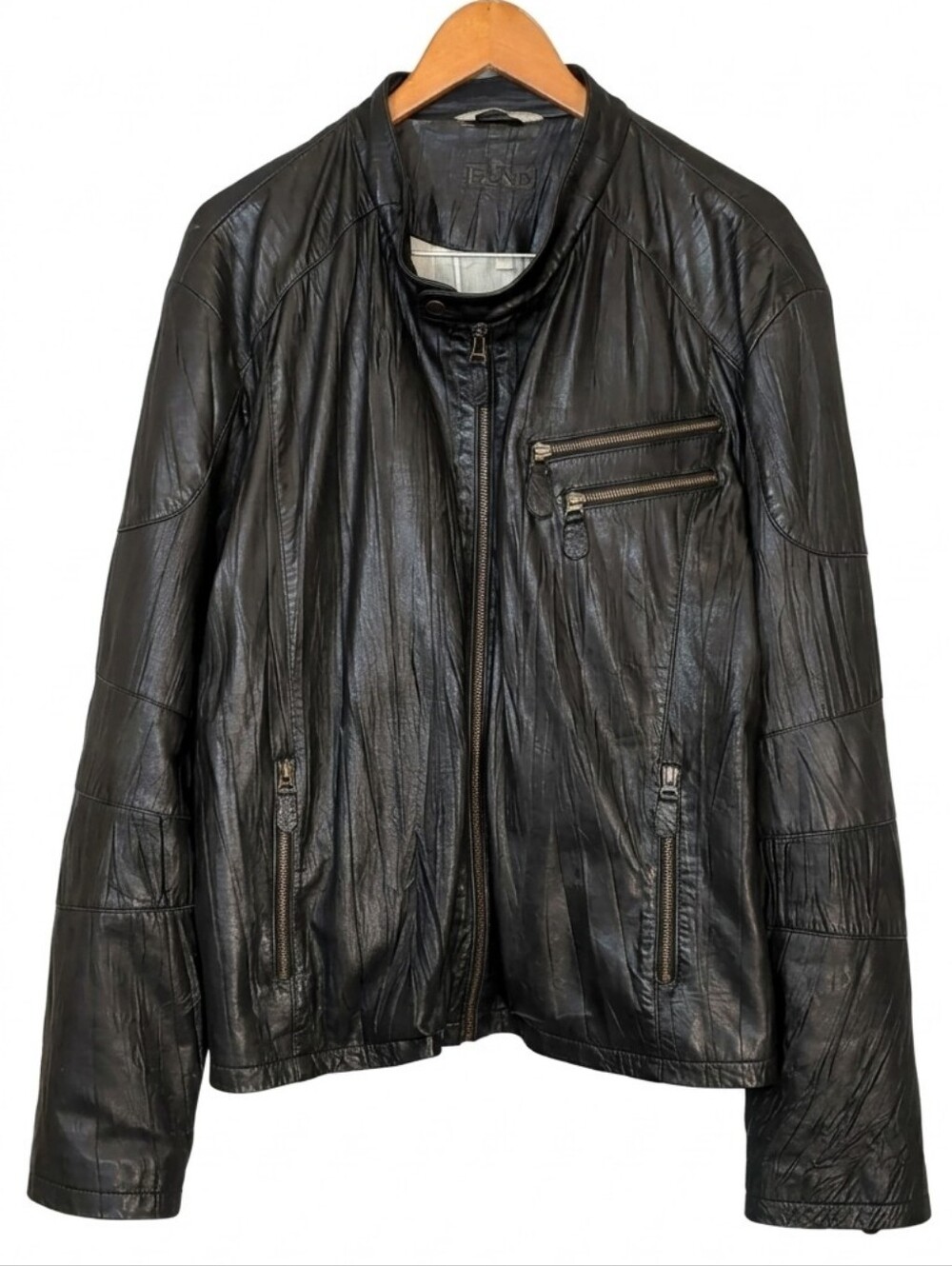 Bod & Christensen Leather Moto Jacket Crinkled Black Mens Size 46 XL B&C Buttery